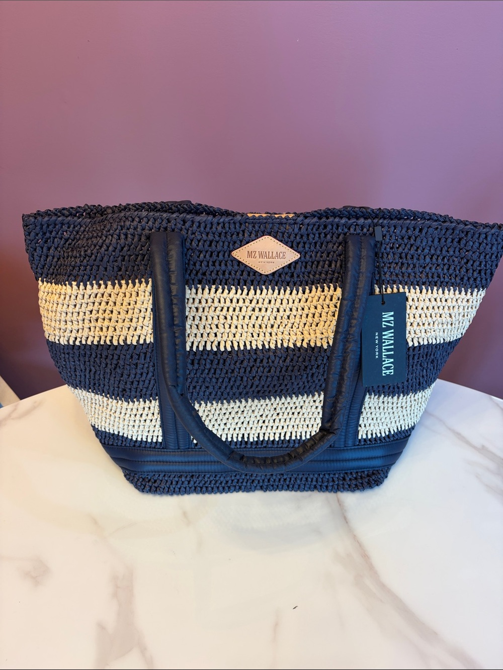 MZ Wallace Navy and Cream Striped Crochet Tote